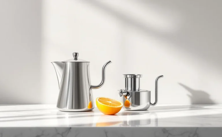 Une théière et un presse-agrumes en acier inoxydable reposent sur un comptoir en marbre sous une lumière naturelle tamisée.