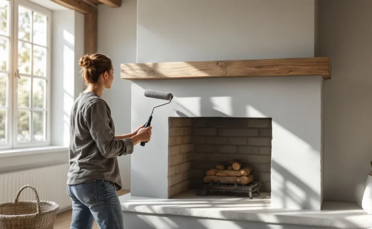 Une personne repeint soigneusement une cheminée en pierre rustique en gris doux à la lumière naturelle, créant une atmosphère élégante et chaleureuse.