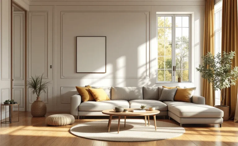 Salon réaliste avec murs peints en RAL 7006, accents beige, ocre et vert, baigné de lumière douce à travers de grandes fenêtres.