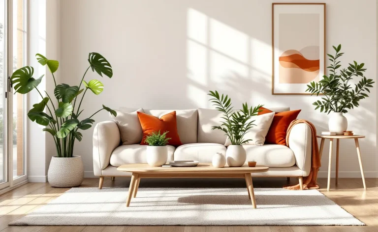 Salon décoré avec des touches de terracotta et de vert, comprenant des plantes en pot, des coussins en velours et des vases en céramique sur un fond neutre et lumineux.