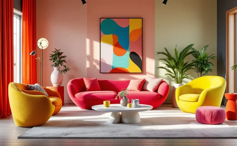 Salon moderne à la décoration néerlandaise Pols Potten, avec mobilier sculptural coloré, pièces d’accent ludiques et lumière ambiante douce.