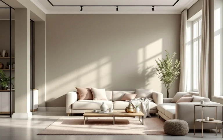 Salon moderne avec un mur accent taupe RAL 1019, décoré de touches vert sauge, rose pâle et beige, illuminé par la lumière du jour.