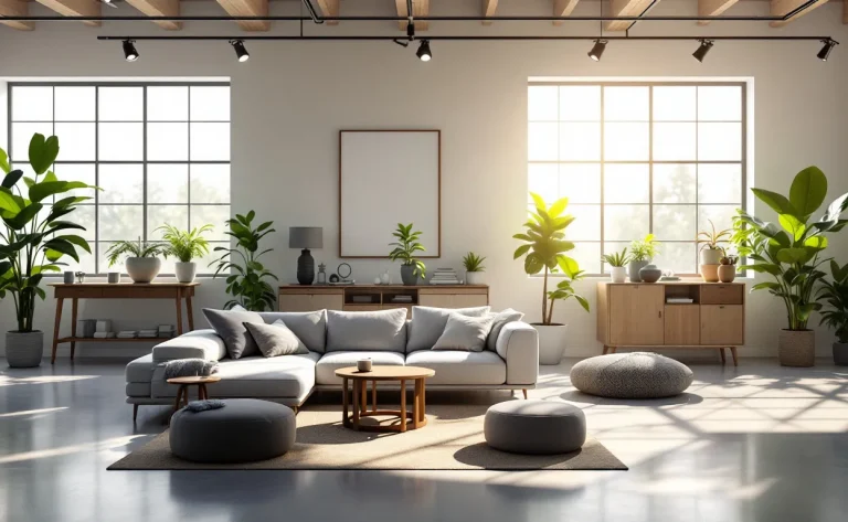 Showroom IKEA Circular Hub avec des meubles réaménagés, des accessoires de maison, de la lumière naturelle et des plantes vertes soulignant une atmosphère durable.