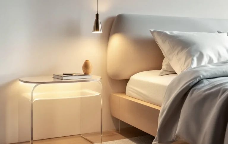 Chevet Kartell en courbes translucides placé près d’un lit moderne dans une chambre minimaliste aux éclairages doux et couleurs pastel.