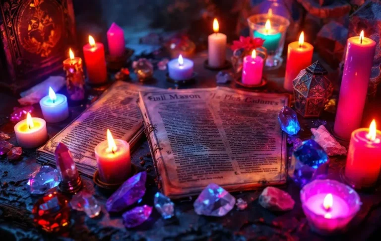 Un autel mystique avec des chandelles colorées allumées diffuse des ombres sur des grimoires anciens et des cristaux, sous une lumière tamisée.