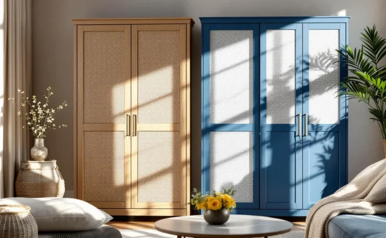 Une bibliothèque IKEA Billy transformée en DIY, avec d’un côté des portes en cannage élégant et de l’autre une peinture vive et des poignées stylées, placée dans un salon moderne baigné de lumière.