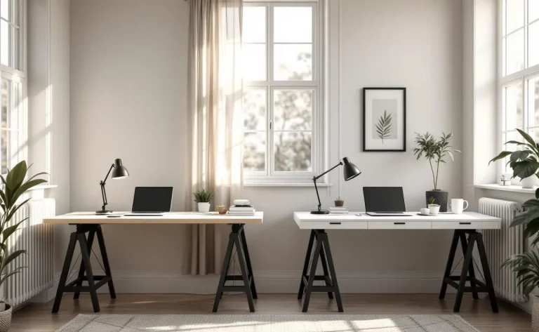 Quatre bureaux IKEA bien rangés sont installés dans un bureau moderne baigné de lumière naturelle, avec des ordinateurs portables et une décoration épurée.