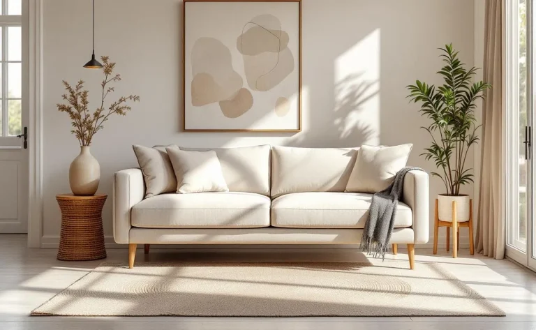 Canapé Maisons du Monde dans un salon lumineux aux teintes neutres, avec coussins moelleux et décor artistique.