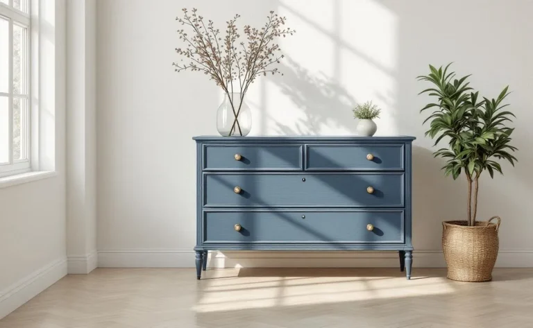 Commode ancienne en bois repeinte en bleu marine et crème, placée dans une pièce lumineuse au style minimaliste avec des ombres douces.