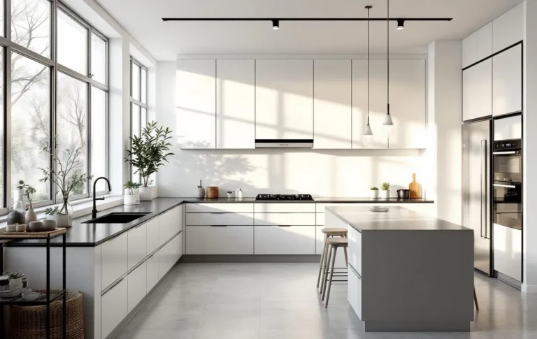 Cuisine blanche moderne avec plans de travail noirs, baignée de lumière naturelle et décor minimaliste.