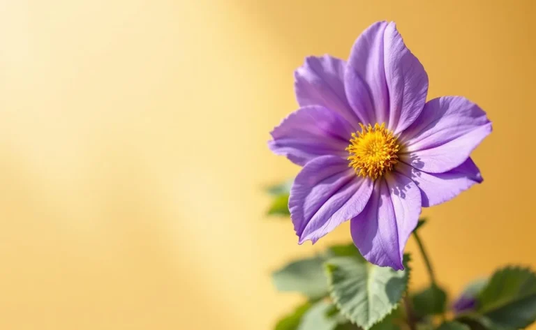 Une fleur violette éclatante sur un fond jaune pâle lumineux en pleine lumière naturelle.