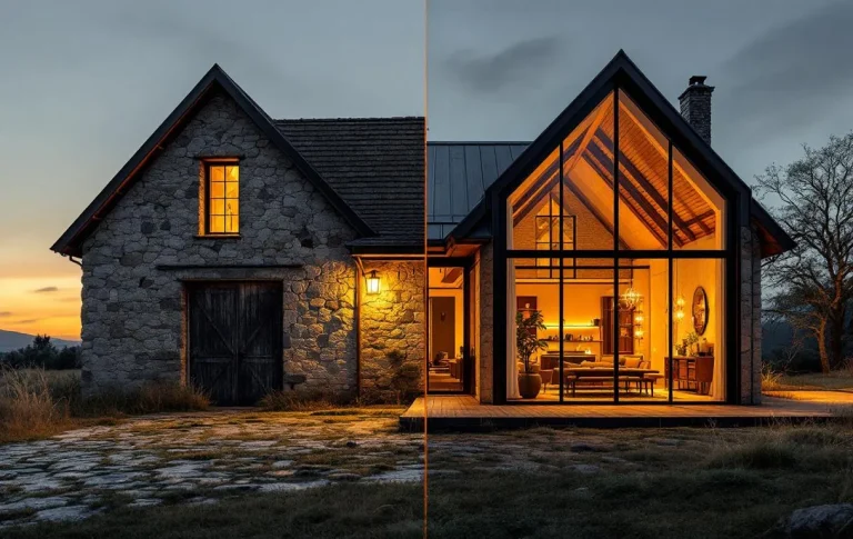 Une vieille grange en pierre partiellement rénovée montre à gauche une façade abandonnée envahie par l’herbe, et à droite une maison moderne avec de grandes fenêtres éclairées au crépuscule.