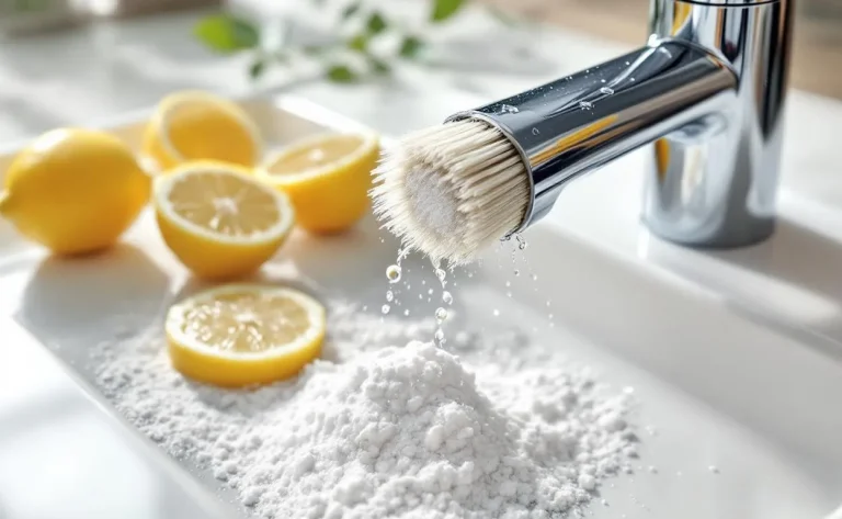 Un robinet chromé est nettoyé avec une brosse à poils naturels, auprès de tranches de citron et de bicarbonate sur un plan de travail éclairé.