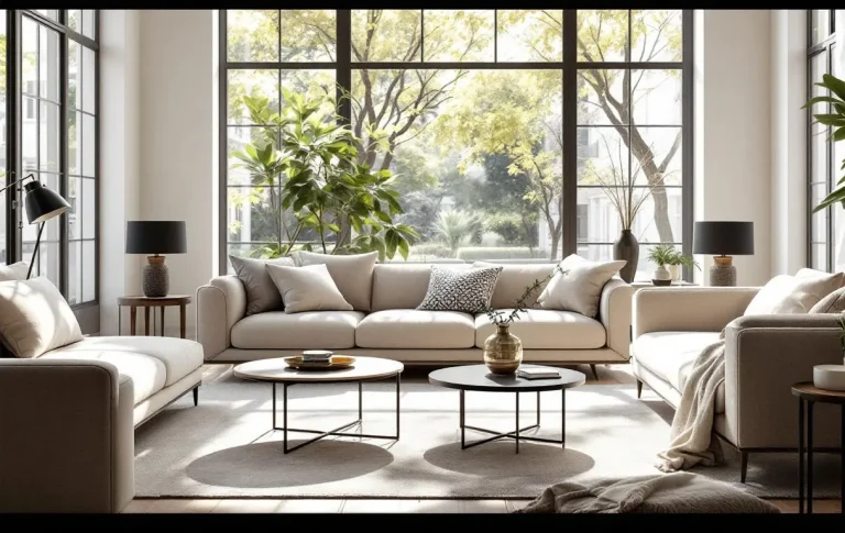 Quatre tables basses Maisons du Monde de styles variés sont disposées dans un salon moderne baigné de lumière naturelle.