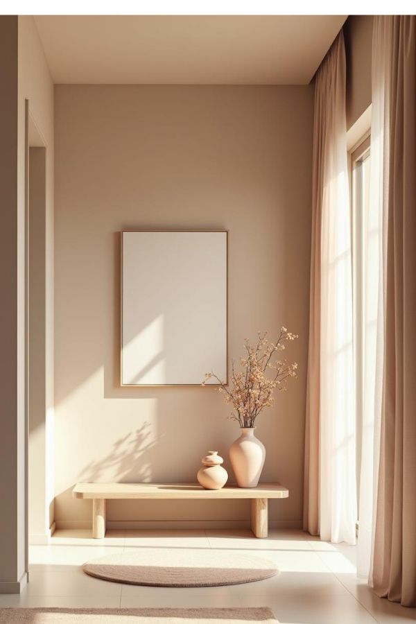 Entrée moderne beige RAL 1019 avec console bois et déco ton sur ton