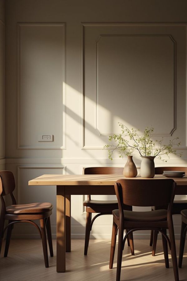 Salle à manger chaleureuse avec murs RAL 1019 et table en chêne massif