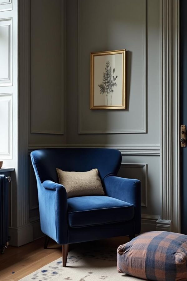 Fauteuil bleu nuit et murs RAL 1019 dans un espace lecture élégant