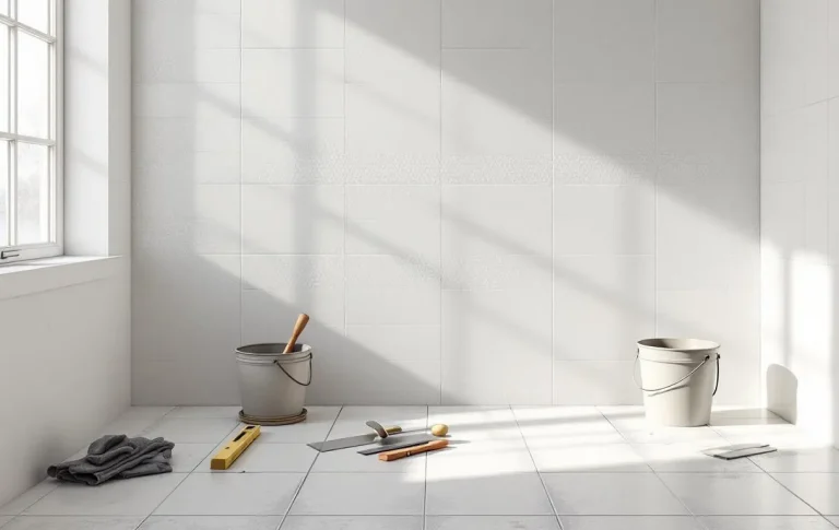 Salle de bain moderne de 4 mètres carrés en rénovation, avec pose de nouveaux carreaux, outils ordonnés au sol et lumière naturelle entrant par une fenêtre dépolie.