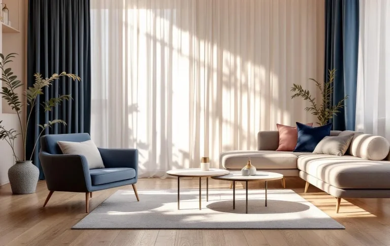 Salon élégant décoré de bleu denim, rose pâle et violet profond, baigné de lumière douce filtrée par des rideaux transparents.