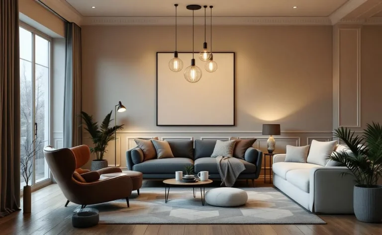 Salon moderne avec mobilier confortable, éclairé par un lustre Zara Home composé de cinq suspensions au design contemporain diffusant une lumière chaleureuse.