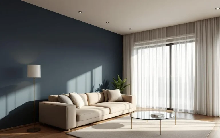 Salon moderne avec murs bleu indigo et mobilier minimaliste dans des tons neutres, éclairé par une lumière douce qui crée des ombres élégantes.