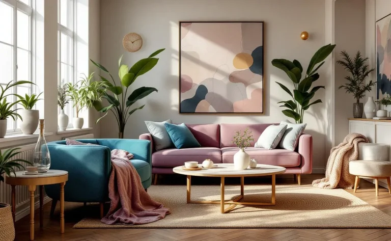 Salon élégant avec accessoires et textiles améthyste, aqua et amande, éclairé par la lumière naturelle et offrant une ambiance sereine.