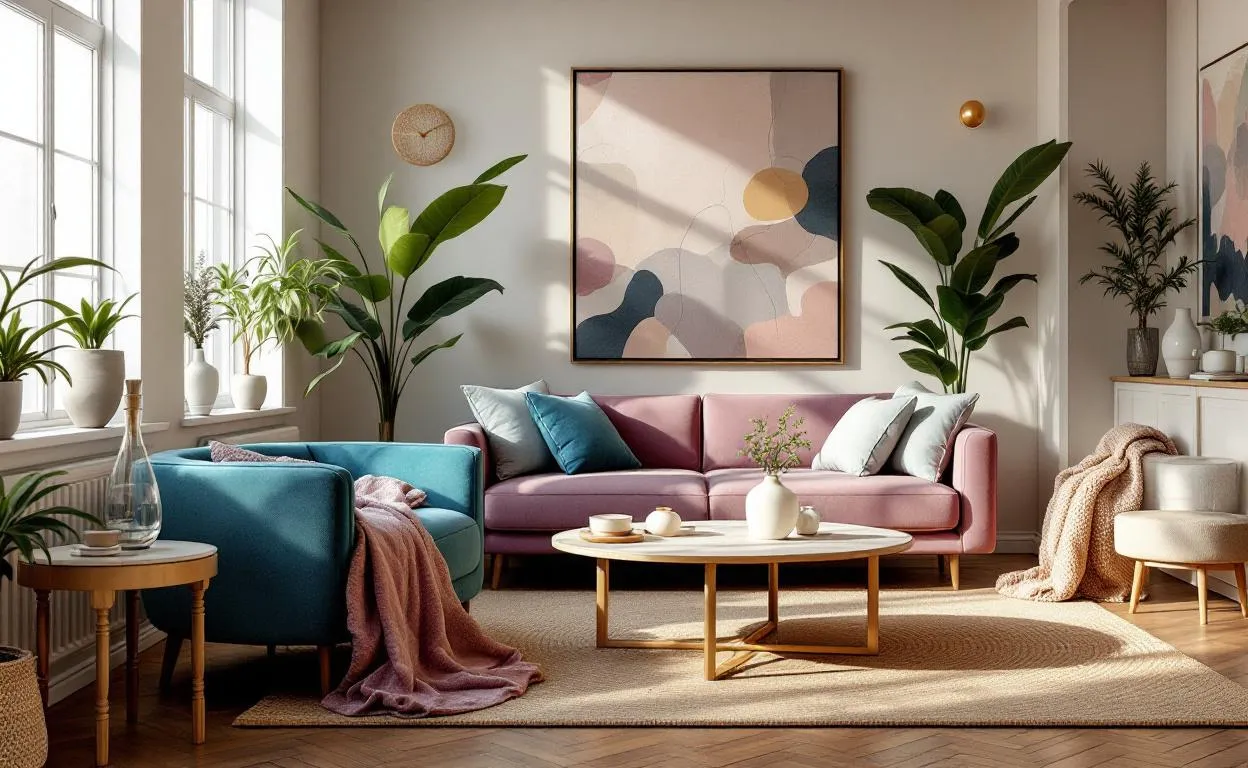 Salon élégant avec accessoires et textiles améthyste, aqua et amande, éclairé par la lumière naturelle et offrant une ambiance sereine.