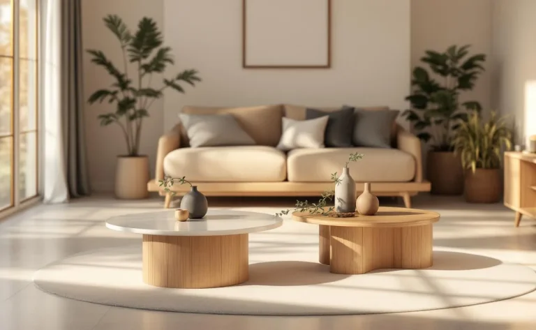 Des tables basses Zara Home sont disposées dans un salon lumineux aux tons neutres, agrémenté de coussins moelleux et de plantes vertes.