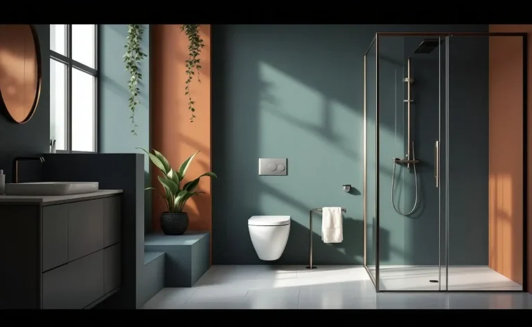 Une salle de bain moderne aux murs bleu marine, vert sauge et terracotta, éclairée par la lumière naturelle et décorée avec des éléments minimalistes.