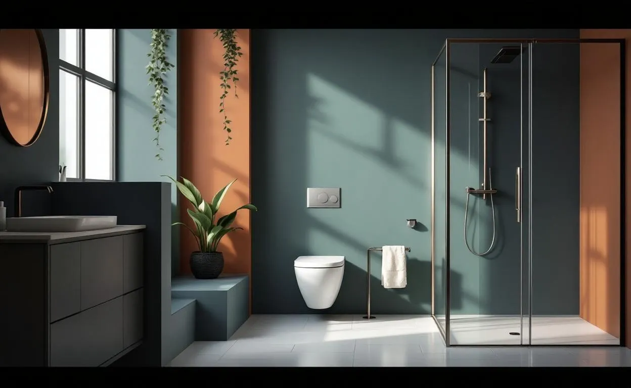 Une salle de bain moderne aux murs bleu marine, vert sauge et terracotta, éclairée par la lumière naturelle et décorée avec des éléments minimalistes.