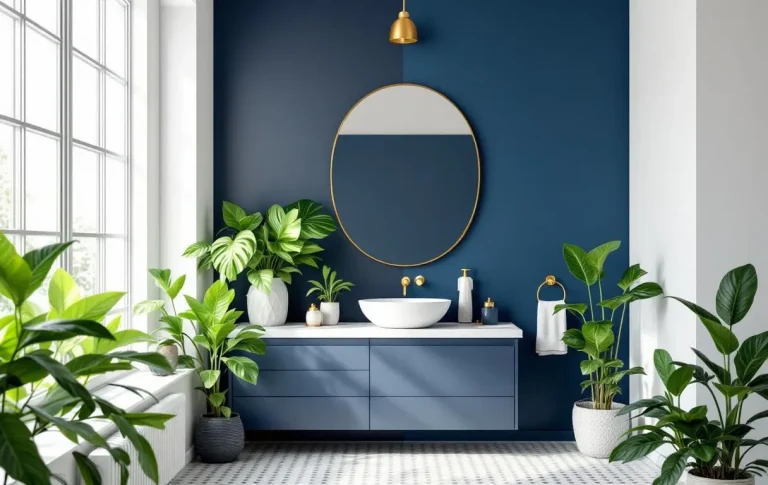 Toilettes modernes avec un mur bleu marine, des parois blanches, des accessoires dorés et des plantes vertes sous une lumière naturelle.