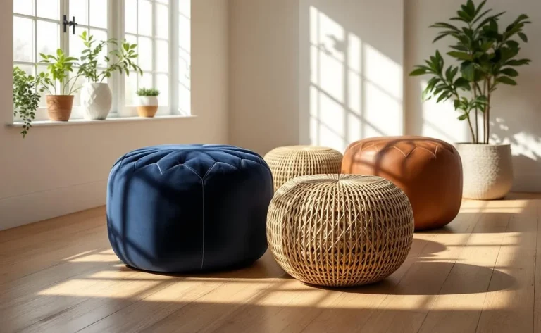 Trois poufs élégants de Maisons du Monde aux textures et couleurs différentes sont disposés dans un salon moderne, éclairés par une lumière douce sur un parquet.