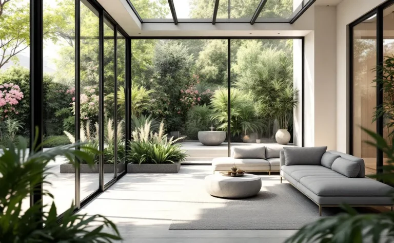 Une véranda en verre moderne et lumineuse s’ouvre sur un jardin verdoyant, meublée avec élégance et baignée de lumière naturelle.