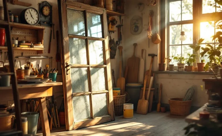 Une vieille porte vitrée s’appuie contre un mur ensoleillé dans un atelier chaleureux, entourée d’outils de bricolage et de pots de peinture dans une lumière tamisée.
