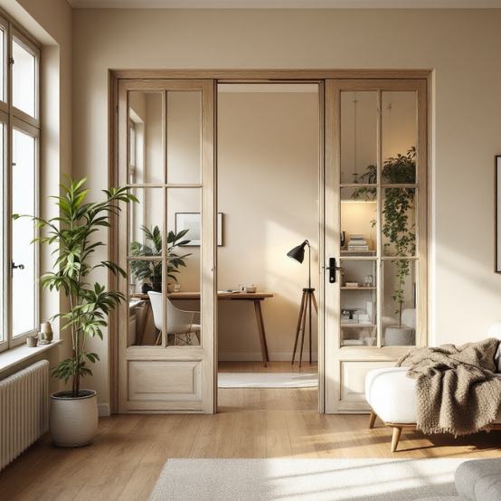 Ancienne porte vitrée recyclée en cloison légère séparant un coin bureau d’un salon scandinave baigné de lumière naturelle