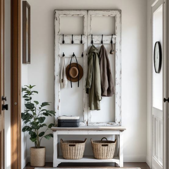Ancienne porte vitrée réutilisée comme portemanteau avec crochets et étagère dans une entrée lumineuse