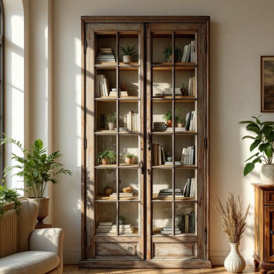 Ancienne porte vitrée recyclée en étagère avec planches en bois et objets déco dans un salon lumineux au style rétro