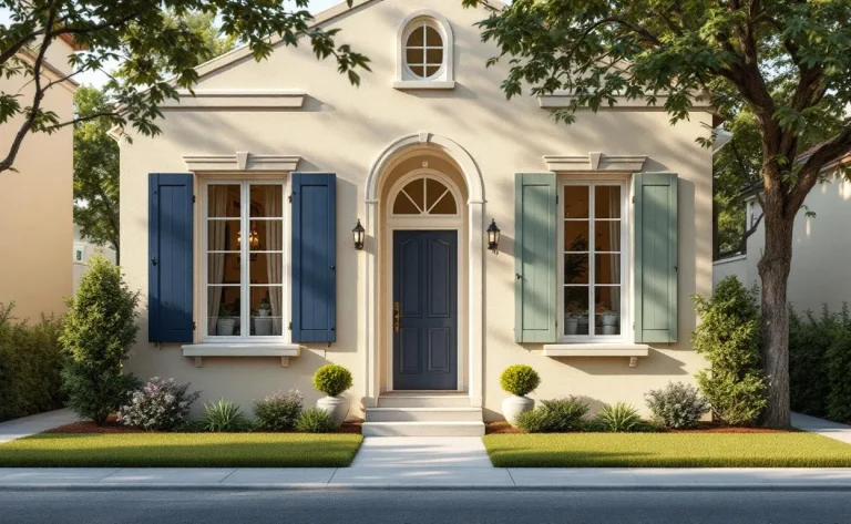 Façade d’une maison beige avec dix volets de couleurs variées sous une lumière ensoleillée, dans une ambiance paisible de banlieue.