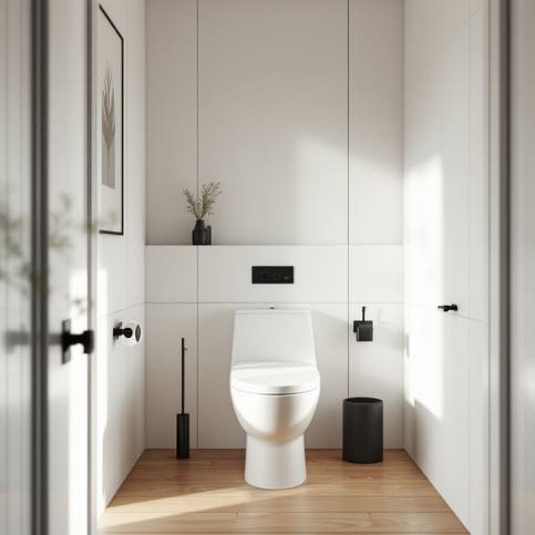 WC modernes blancs avec sol bois et détails noirs