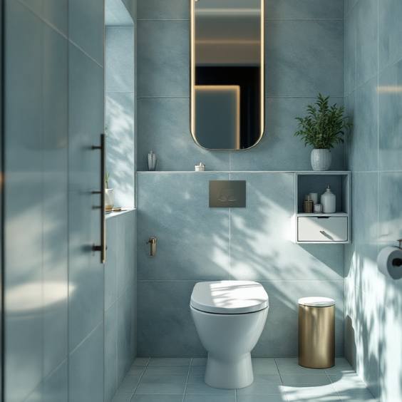 WC modernes bleu pastel avec carrelage gris clair et lumière naturelle