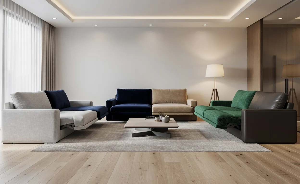 Cinq canapés-lits modernes de diverses couleurs et tissus sont disposés en demi-cercle dans un salon élégant à la lumière chaleureuse.