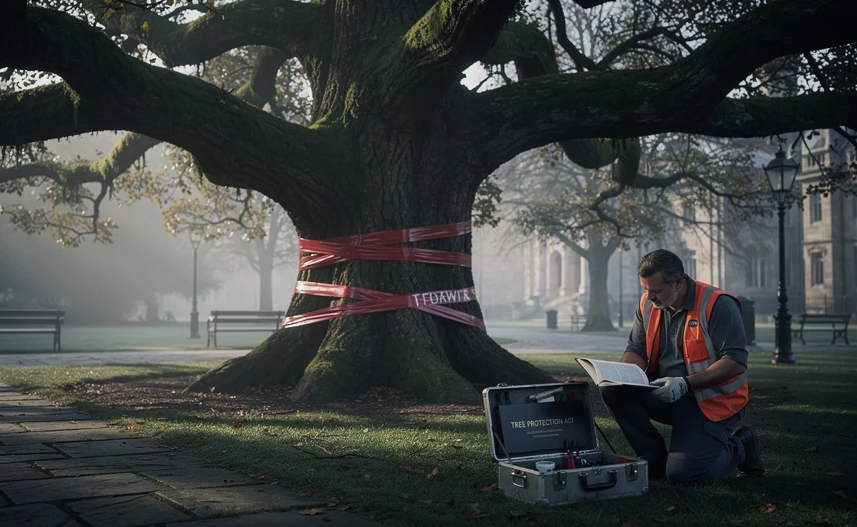 Un vieil arbre imposant avec des branches marquées de ruban rouge se dresse dans un parc historique, tandis qu’un jardinier consulte un livre de droit à côté d’une boîte à outils sous une lumière matinale diffuse.
