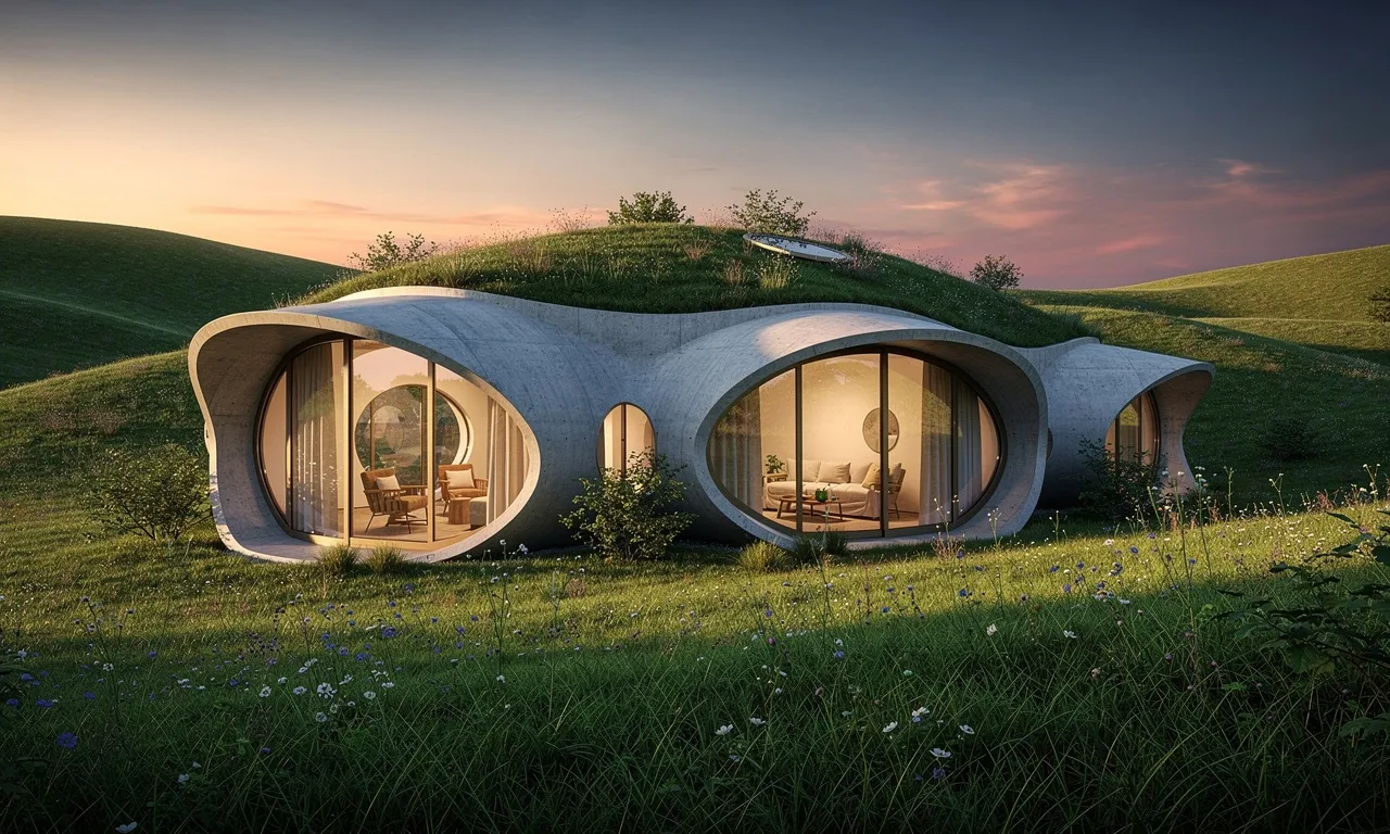 Maison en béton arrondie aux grandes fenêtres lumineuses, intégrée dans des collines verdoyantes au coucher du soleil.