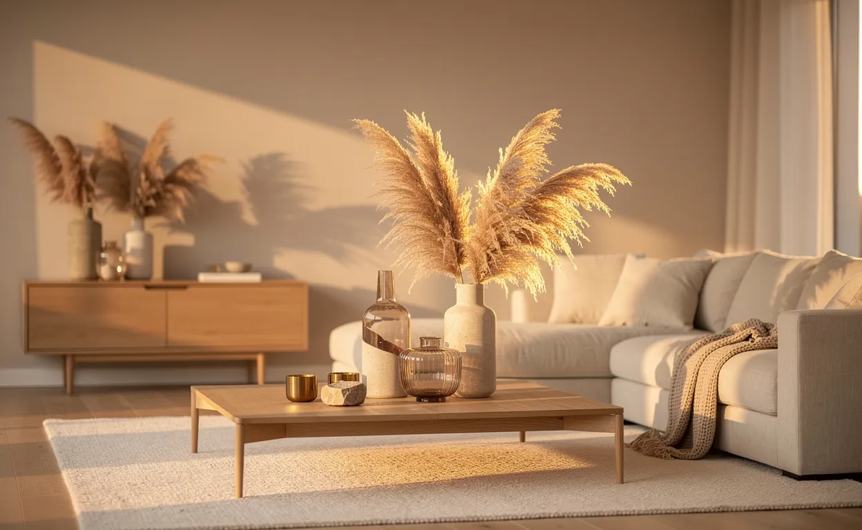 Salon moderne baigné de lumière avec des vases de fleurs de pampa sur des meubles en lin, devant des murs aux tons neutres.