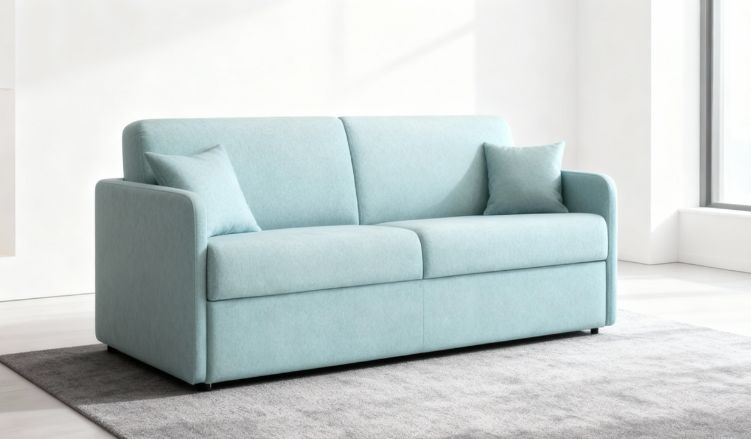 Modèle de canapé "DELICE" (coloris Turquoise) de la marque Convertible center dans un salon