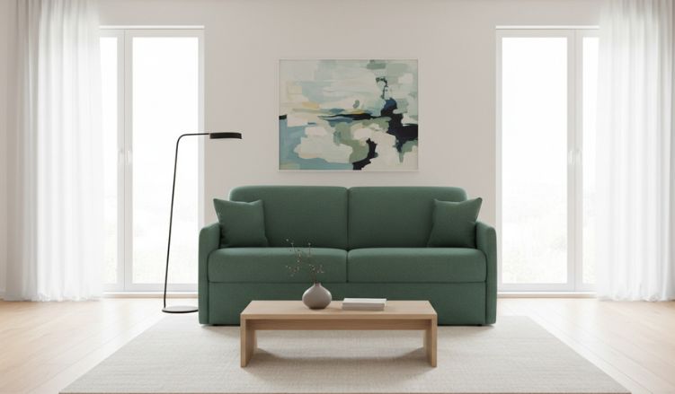 Modèle de canapé "Montpellier" (coloris Vert sapin) de la marque Convertible center dans un salon