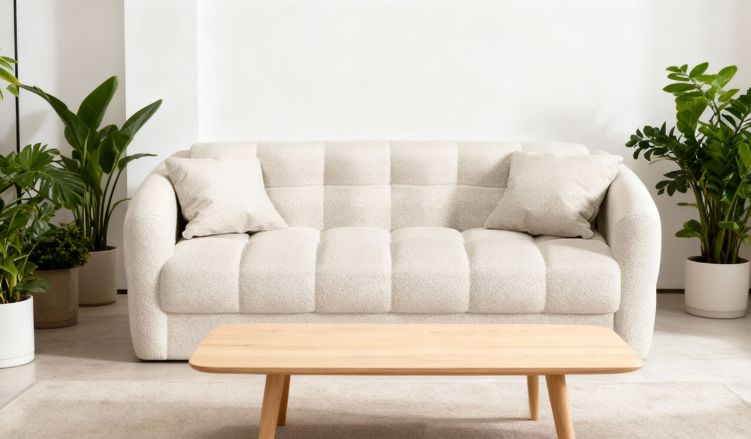 Modèle de canapé "TRAPEZE" (coloris Ecru) de la marque Convertible center dans un salon