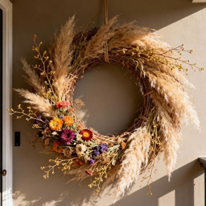 IDée déco herbe de pampa 4 : Couronne en pampa et fleurs séchées sur mur neutre