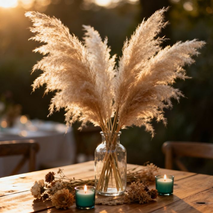 IDée déco herbe de pampa 6: Arrangement horizontal de pampa sur table avec perles nacrées