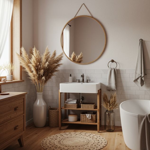 IDée déco herbe de pampa 7: Arrangement horizontal d'herbe de pampa au sol dans une salle de bain douce